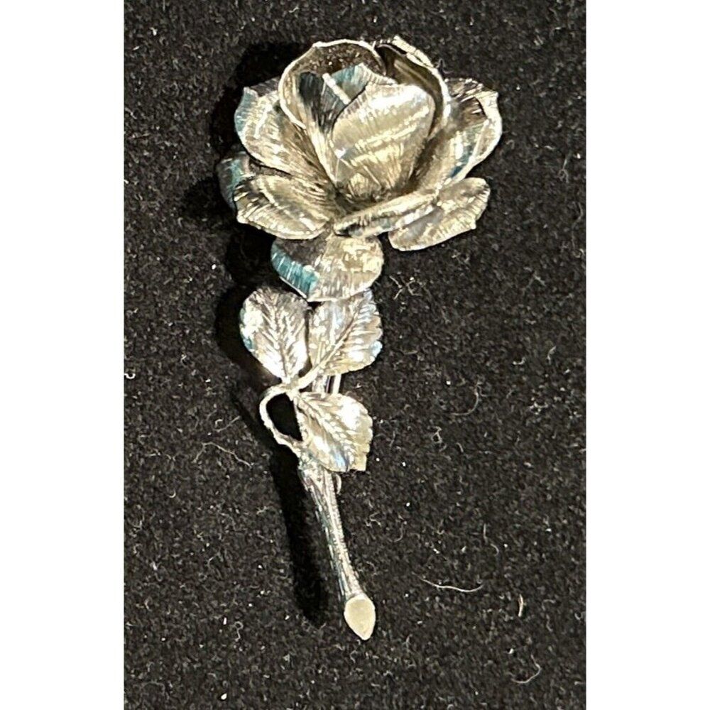 Signed Monet Silver Tone Textured Rose w Leaves Stem Brooch Pin Vintage